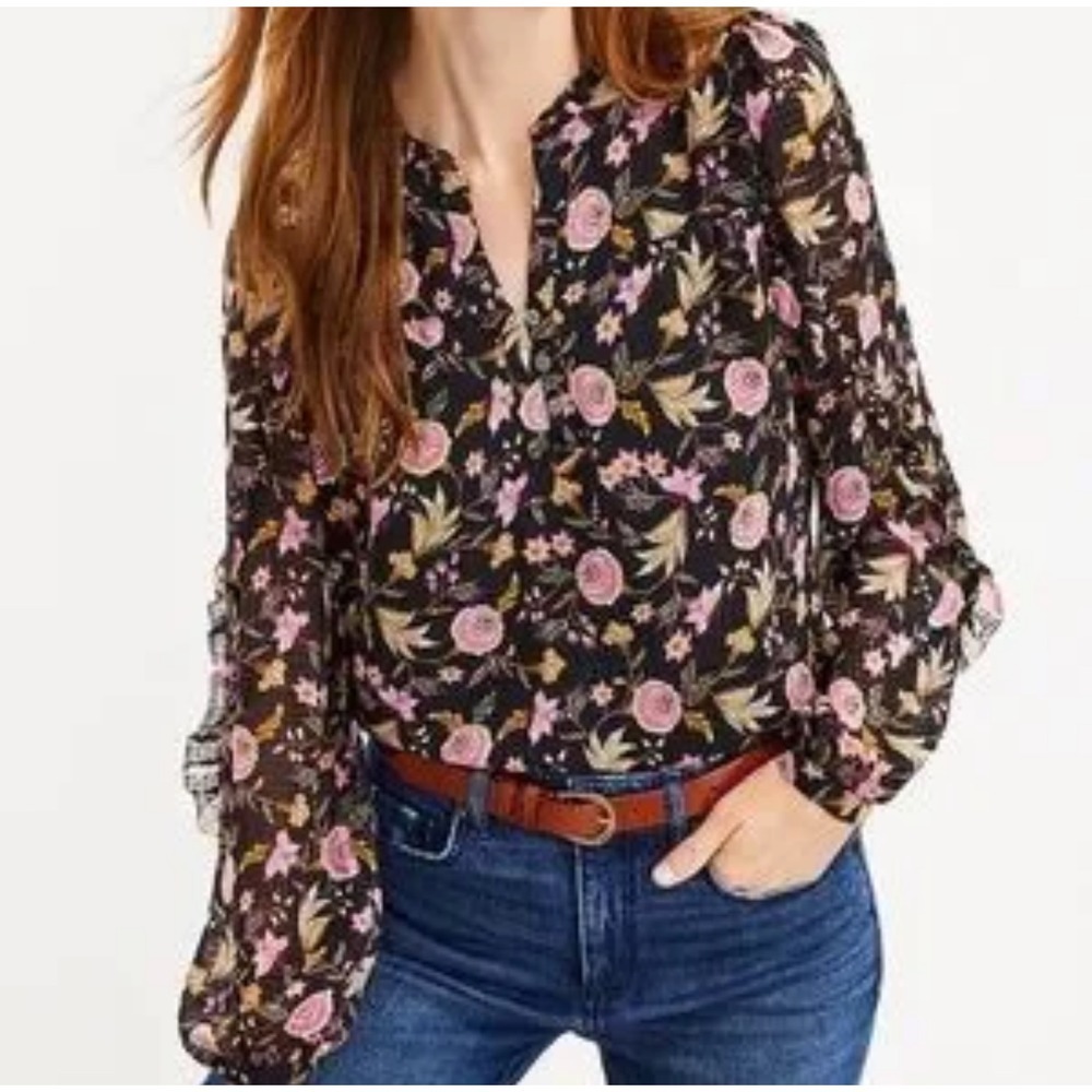 Ann Taylor LOFT Floral‎ Ruffle Long Sleeve Blouse size XSP Black pink